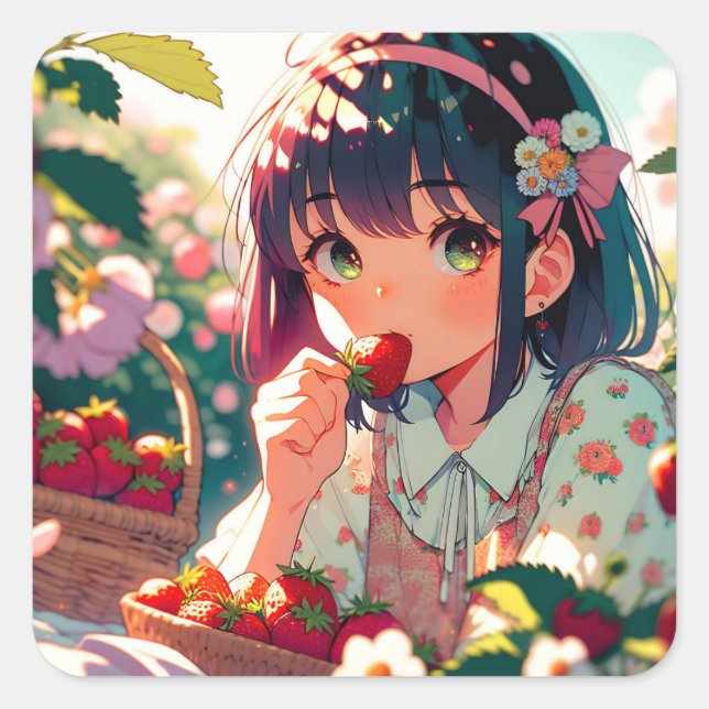 Niedliche Anime Girl Eating Erdbeeren | Sommertag Quadratischer Aufkleber (Vorderseite)