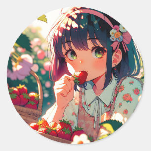 Niedliche Anime Girl Eating Erdbeeren Sommertag Runder Aufkleber