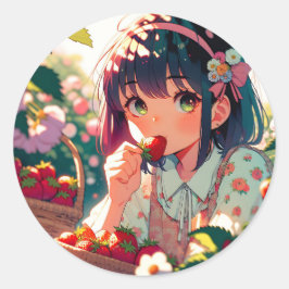Niedliche Anime Girl Eating Erdbeeren | Sommertag Runder Aufkleber