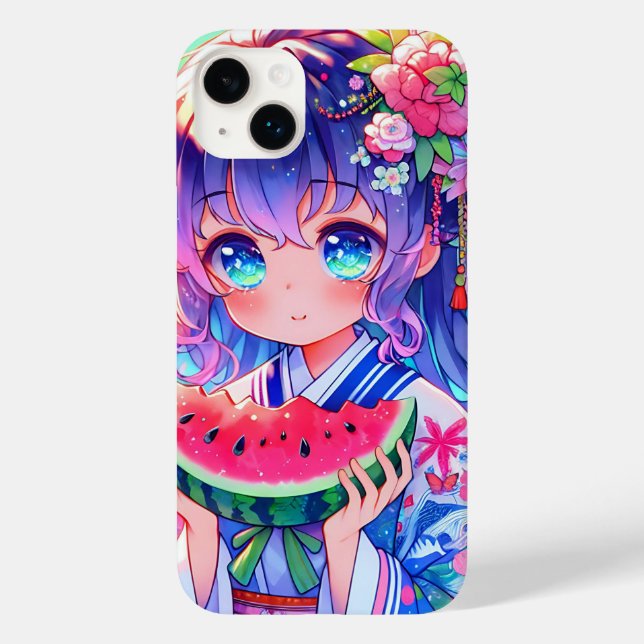 Niedliche Anime Girl Eating Watermelon Case-Mate iPhone Hülle (Rückseite)