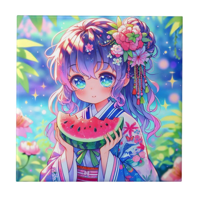 Niedliche Anime Girl Eating Watermelon Fliese (Vorderseite)