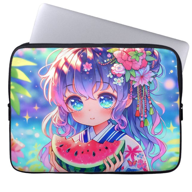 Niedliche Anime Girl Eating Watermelon Laptopschutzhülle (Vorderseite)