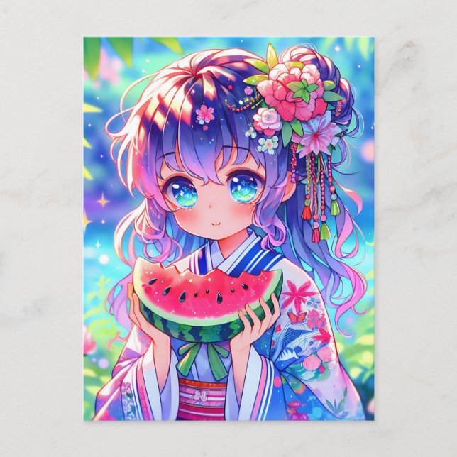 Niedliche Anime Girl Eating Watermelon Postkarte (Vorderseite)