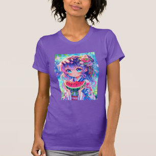 Niedliche Anime Girl Eating Watermelon T-Shirt