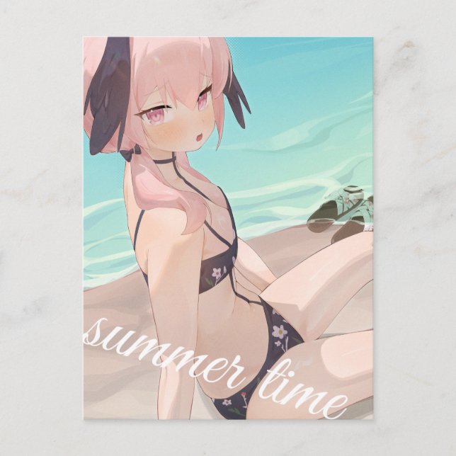 Niedliche Anime Girl genießt die Sommerzeit am Str Postkarte (Vorderseite)