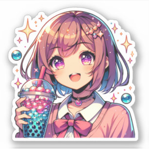 Niedliche Anime Girl Holding Bubble Tee Aufkleber