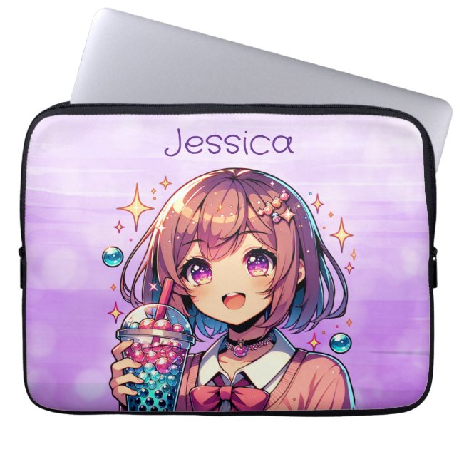 Niedliche Anime Girl Holding Bubble Tee Personalis Laptopschutzhülle (Vorderseite)