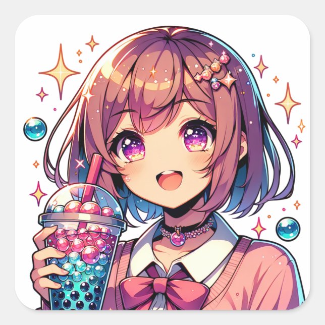 Niedliche Anime Girl Holding Bubble Tee Quadratischer Aufkleber (Vorderseite)