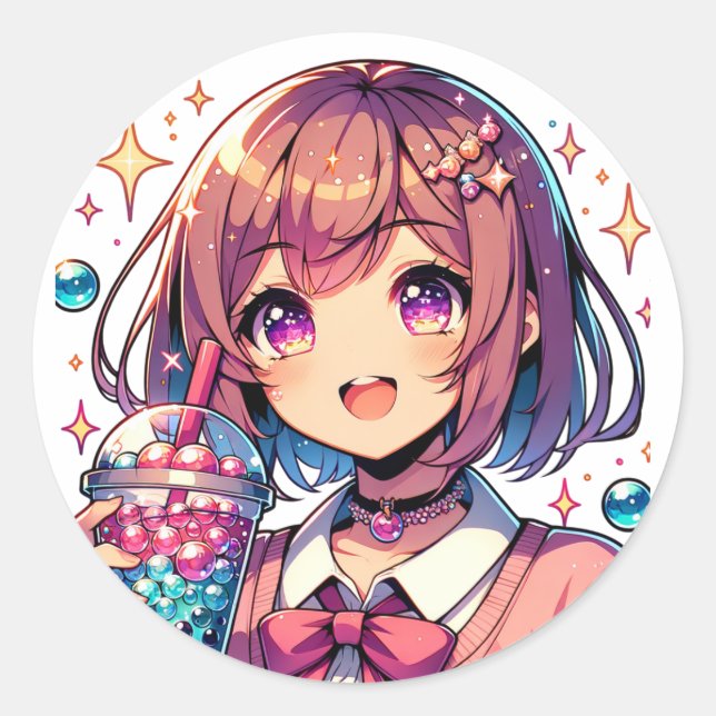 Niedliche Anime Girl Holding Bubble Tee Runder Aufkleber (Vorderseite)