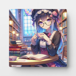 Niedliche Anime Girl in Glasses Reading Fotoplatte