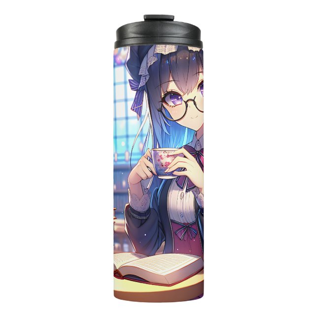 Niedliche Anime Girl in Glasses Reading Thermosbecher (Vorderseite)