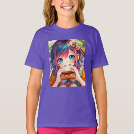 Niedliche Anime Girl isst einen Erdnussbutter und T-Shirt