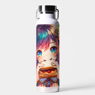 Niedliche Anime Girl isst einen Erdnussbutter und  Trinkflasche