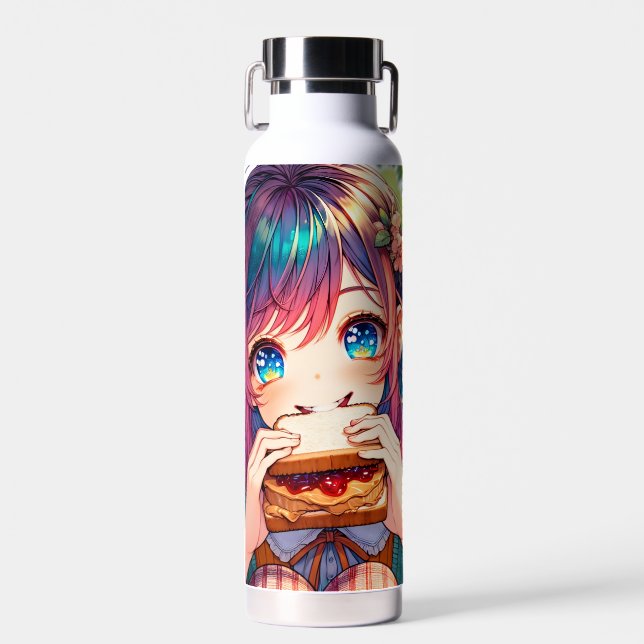 Niedliche Anime Girl isst einen Erdnussbutter und  Trinkflasche (Vorne)