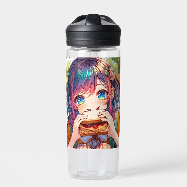Niedliche Anime Girl isst einen Erdnussbutter und  Trinkflasche (Vorderseite)