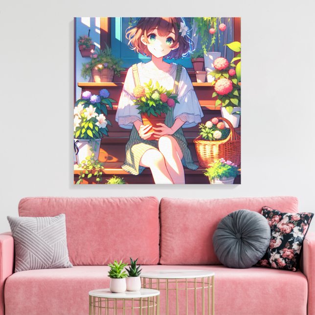 Niedliche Anime Girl mit einer Pflanze Leinwanddruck (Insitu (Wohnzimmer))