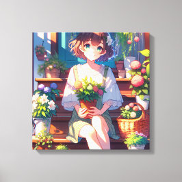 Niedliche Anime Girl mit einer Pflanze Leinwanddruck