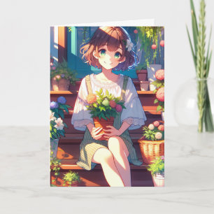 Niedliche Anime Girl mit Pflanze zum Geburtstag Karte