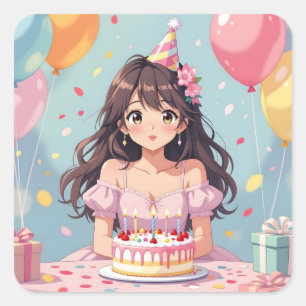 Niedliche Anime Girl's Geburtstagsparty Quadratischer Aufkleber