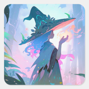 Niedliche Anime Hexe Girl Fantasy Art Quadratischer Aufkleber