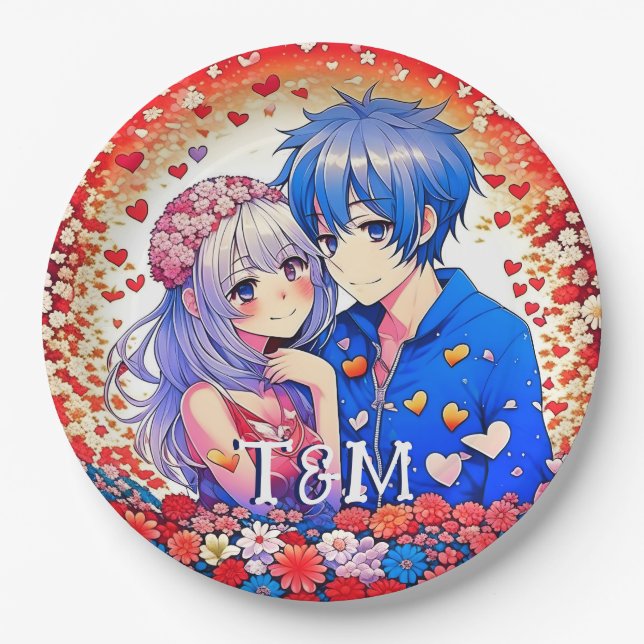 Niedliche Anime Themed Wedding Pappteller (Vorderseite)