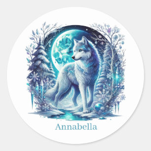 Niedliche, anpassbare Wolfsliebhaber Winter Runder Aufkleber