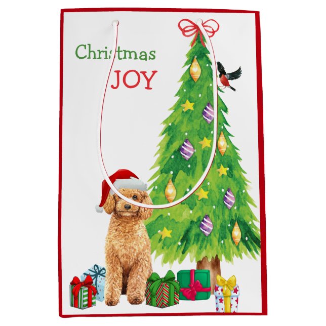 Niedliche Apricot Poodle Weihnachtsmannmütze und W Mittlere Geschenktüte (Vorderseite)