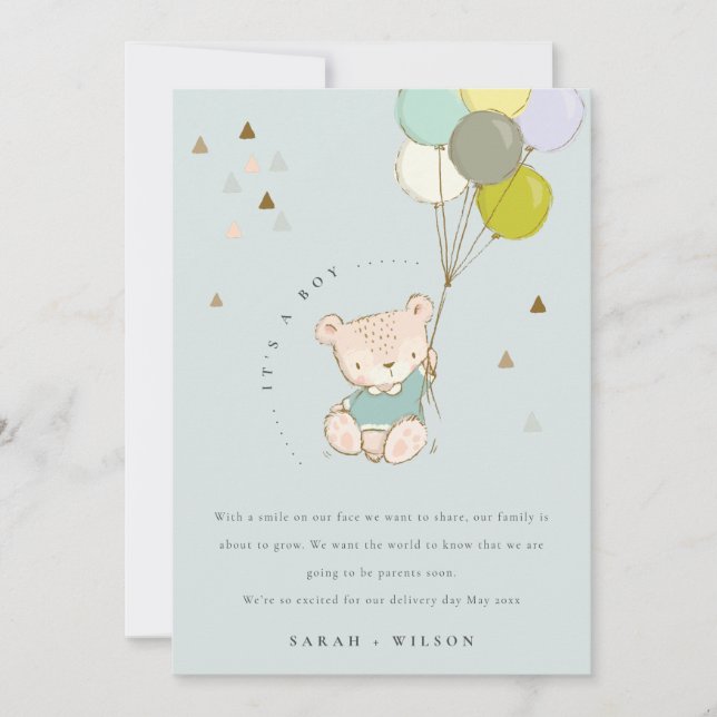 Niedliche Aqua Bear Balloon Baby Announccard Dankeskarte (Vorderseite)