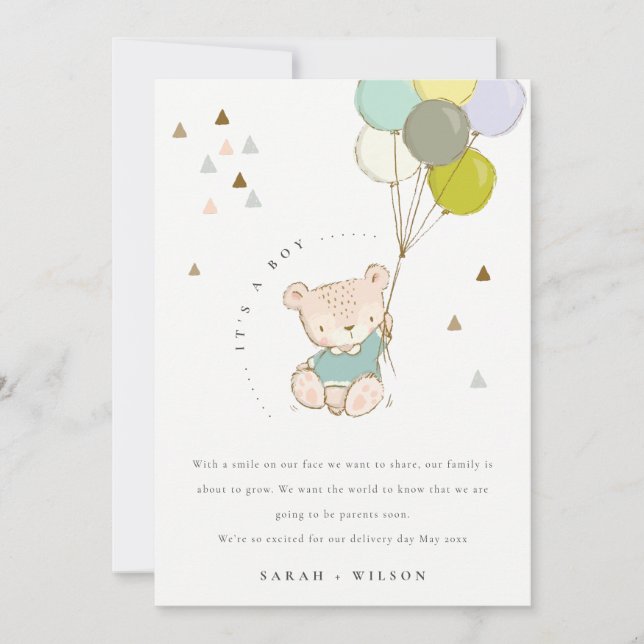 Niedliche Aqua Bear Balloon Baby Announccard Dankeskarte (Vorderseite)