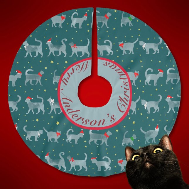 Niedliche Aquamarine Cat-Silhouetten zu Weihnachte Polyester Weihnachtsbaumdecke (Cute teal watercolor cats strut across a deep teal Christmas tree skirt in Santa hats.  )