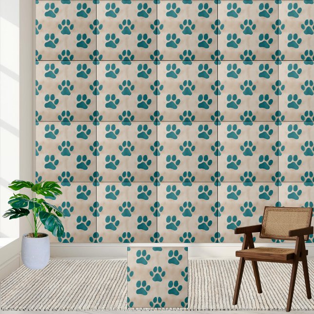 Niedliche Aquamarine Paw Print Pattern Tile Fliese (Cute Teal Paw Print Pattern Tile)