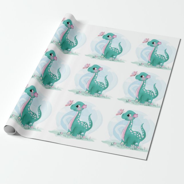 Niedliche Aquamarine Pink Dinosaur Butterfly Girl  Geschenkpapier (Ungerollt)
