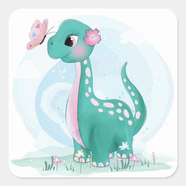 Niedliche Aquamarine Pink Dinosaur Butterfly Girl  Quadratischer Aufkleber (Vorderseite)