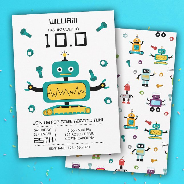 Niedliche Aquamarine Robot Theme Kids Roboter Gebu Einladung (Cute Teal Robot Theme Kids Robots Birthday Party Invitation)