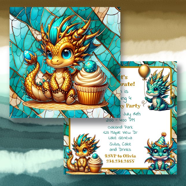 Niedliche Aquamarine und Gold Dragon Boy's Geburts Einladung (Von Creator hochgeladen)