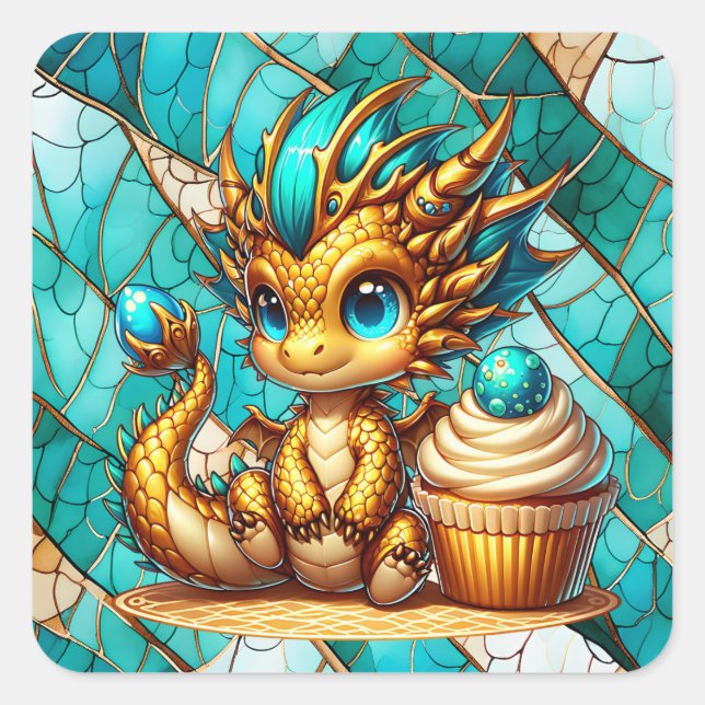Niedliche Aquamarine und Gold Dragon Boy's Geburts Quadratischer Aufkleber (Vorderseite)