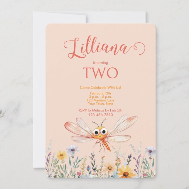 Niedliche Aquarell Wildblume Dragonfly Girl Geburt Einladung (Vorderseite)