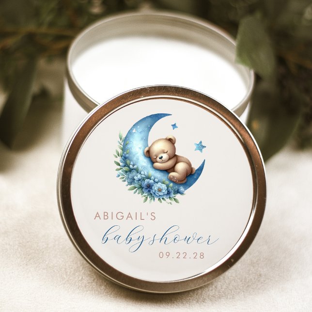 Niedliche Aquarellbär Blue Moon Boy Babydusche Runder Aufkleber (Von Creator hochgeladen)