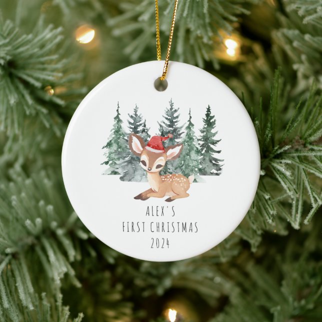 Niedliche Aquarellbaum & Hirschbaby's First Christ Keramik Ornament (Baum)