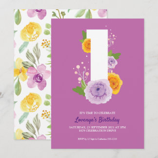 Niedliche Aquarellblume Baby's 1. Geburtstag Lila Einladung