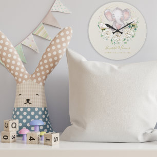 Niedliche Aquarellblume Elefant Birth Stats Lar Große Wanduhr