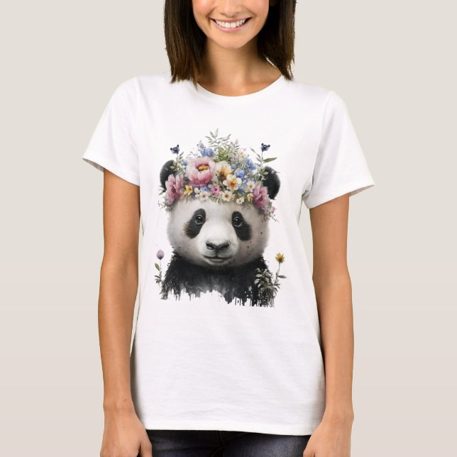 Niedliche Aquarellblume Panda T-Shirt (Vorderseite)