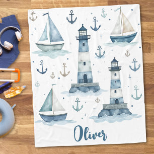 Niedliche Aquarellboote, Leuchttürme und Anker Fleecedecke