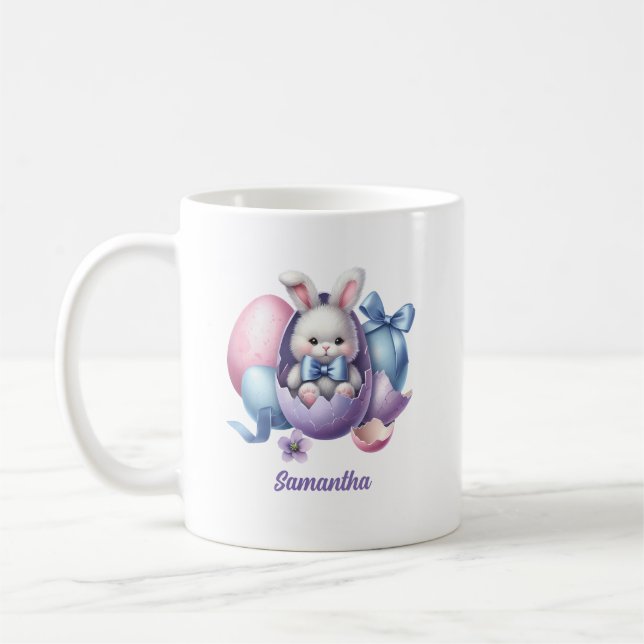 Niedliche Aquarelleier Osterhasen und lila Eier Kaffeetasse (Links)