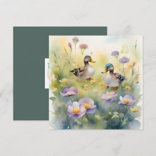 Niedliche Aquarellente N Wildblumen Blank Feiertagskarte