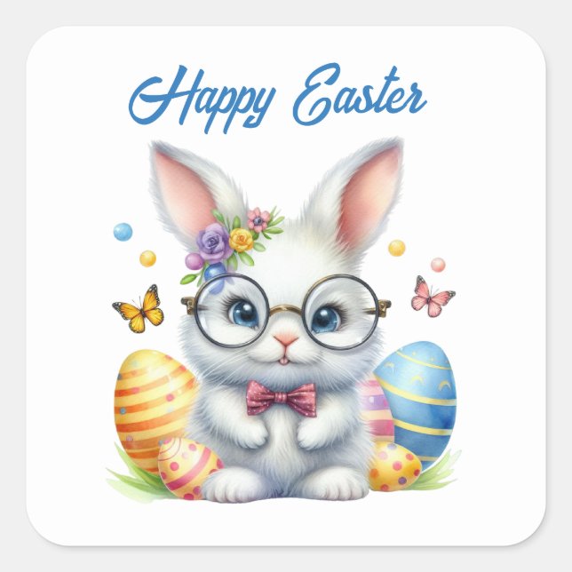Niedliche Aquarellfarbe Osterhase hinzufügen Quadratischer Aufkleber (Vorderseite)