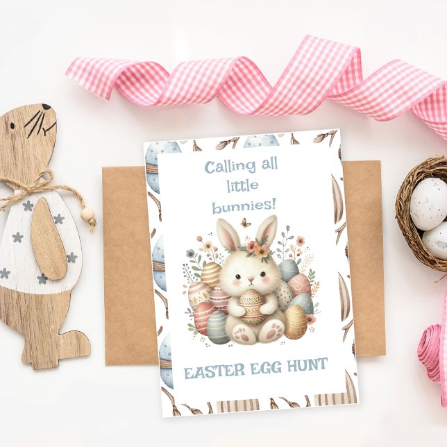 Niedliche Aquarellfarbe Ostern Egg Faltenkarte Einladung (Cute watercolor Bunny Easter Egg Hunt folded card)
