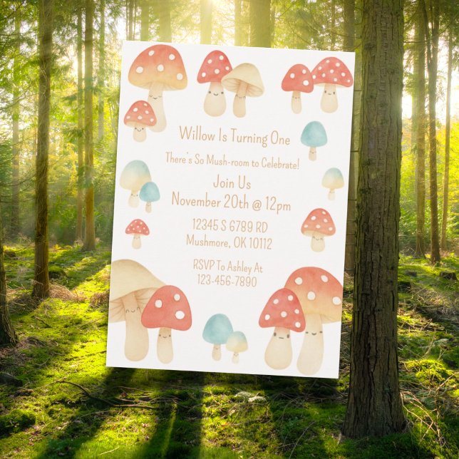 Niedliche Aquarellfarbe Pilzsaal Kindergeburtstag  Einladung (Whimsical watercolor mushroom birthday invitation design )
