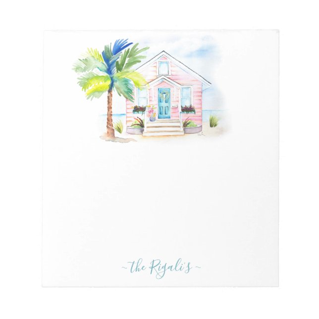 Niedliche Aquarellfarbe Pink Beach House Note Pads Notizblock (Vorderseite)