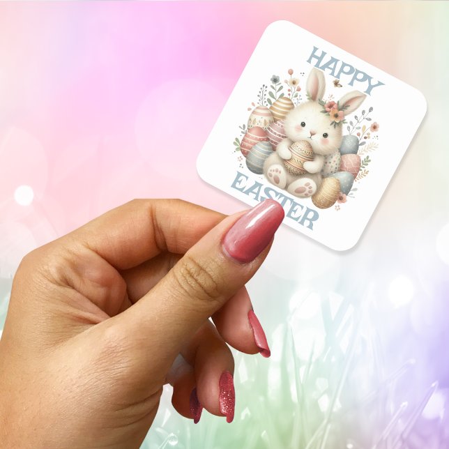 Niedliche Aquarellfarbe Quadratischer Aufkleber (Cute watercolor Bunny Easter Square Sticker)